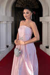 Tafta Saten Kumaş Straplez Midi Elbise - PEMBE