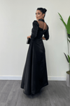 Tafta Saten Kumaş Tasarım Midi Elbise - SİYAH