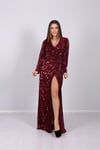 Tasarım Payet Kemerli Abiye Elbise - Bordo
