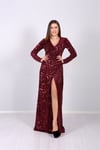 Tasarım Payet Kemerli Abiye Elbise - Bordo