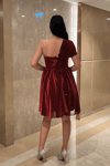 Taşlı Tül Kumaş Büzgü Detaylı Mini Elbise - BORDO