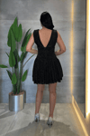 Taşlı Tül Kumaş Drape Detaylı Mini Elbise - SİYAH