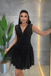 Taşlı Tül Kumaş Drape Detaylı Mini Elbise - SİYAH