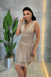 Taşlı Tül Kumaş Drape Detaylı Mini Elbise - BEJ