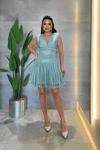 Taşlı Tül Kumaş Drape Detaylı Mini Elbise - MİNT YEŞİLİ