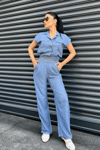 Tensel Keten Kumas Pantolon Crop Takım  - MAVİ