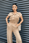 Tensel Keten Kumas Pantolon Crop Takım  - KAHVERENGİ