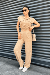 Tensel Keten Kumas Pantolon Crop Takım  - KAHVERENGİ