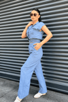 Tensel Keten Kumas Pantolon Crop Takım  - MAVİ
