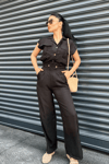 Tensel Keten Kumas Pantolon Crop Takım  - SİYAH