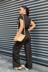 Tensel Keten Kumas Pantolon Crop Takım  - SİYAH