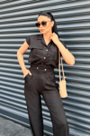 Tensel Keten Kumas Pantolon Crop Takım  - SİYAH