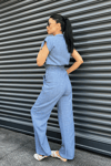 Tensel Keten Kumas Pantolon Crop Takım  - MAVİ