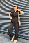 Tensel Keten Kumas Pantolon Crop Takım  - SİYAH