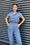 Tensel Keten Kumas Pantolon Crop Takım  - MAVİ