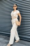 Tensel Keten Kumas Pantolon Crop Takım  - KREM