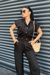 Tensel Keten Kumas Pantolon Crop Takım  - SİYAH