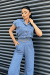 Tensel Keten Kumas Pantolon Crop Takım  - MAVİ