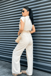 Tensel Keten Kumas Pantolon Crop Takım  - KREM