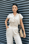 Tensel Keten Kumas Pantolon Crop Takım  - KREM