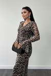 Tül Desenli Kumaş Kolları Volan Detaylı Kalem Elbise - LEOPAR
