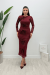 Tül Flog  Baskı Kumaş Midi Elbise - BORDO