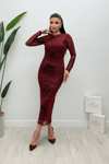 Tül Flog  Baskı Kumaş Midi Elbise - BORDO
