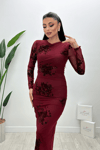 Tül Flog  Baskı Kumaş Midi Elbise - BORDO