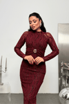 Tül Flok Baskılı Astarlı Elbise - BORDO