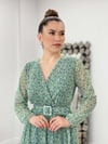 Tül Kumaş Desenli Kemer Detaylı Maksi Elbise - MİNT YEŞİL