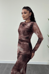 Tül Kumaş Drape Detaylı Kalem Elbise - BORDO