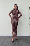 Tül Kumaş Drape Detaylı Kalem Elbise - BORDO