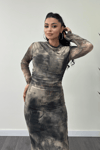 Tül Kumaş Drape Detaylı Kalem Elbise - KREM