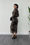 Tül Kumaş Drape Detaylı Kalem Elbise - LEOPAR