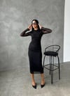 Tül Kumaş Drape Detaylı Kalem Elbise - SİYAH