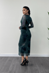 Tül Kumaş Drape Detaylı Kalem Elbise - TURKUAZ