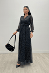 Laser Printed Belt Detailed Dress on Tulle - Black