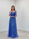 Tül Üzeri Üç Boyutlu Payet Prenses Elbise - İNDİGO MAVİ