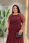 Üst Boncuklu Kumaş Alt Şifon Elbise - BORDO