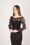 Üst Güpür Alt Scuba Kumaş Etek Kısmı Volanlı Abiye Elbise - Siyah