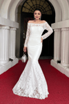 Guipure Lace Detailed Shoulder Collar Evening Dress - WHITE