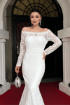 Guipure Lace Detailed Shoulder Collar Evening Dress - WHITE