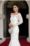 Guipure Lace Detailed Shoulder Collar Evening Dress - WHITE
