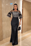 Upper Sequin Bottom Velvet Evening Dress Silver