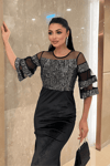 Upper Sequin Bottom Velvet Evening Dress Silver