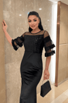 Upper Sequin Bottom Velvet Evening Dress Black