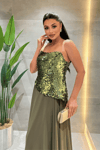 Üst Payet Alt Şifon Tasarım Elbise - HAKİ YEŞİLİ