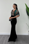 Top Colorful Sequin Bottom Velvet Fabric Bat Sleeve Fish Dress - Black