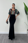 Top Colorful Sequin Bottom Velvet Fabric Bat Sleeve Fish Dress - Black