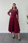 Top Fringed Sequin Bottom Crepe Fabric Midiboy Dress - BURGUNDY